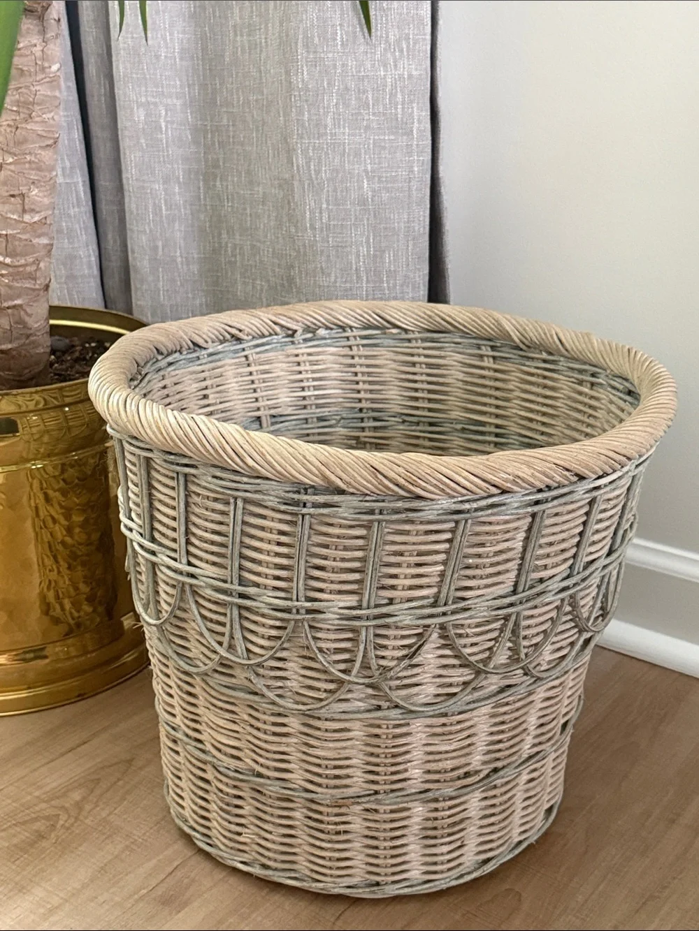 Vintage Woven Decorative Basket - Natural Light Gray Blue Planter Wastebasket